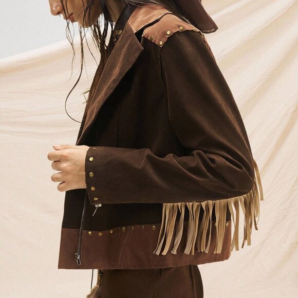 Multicolor Boho Women's Suede Fringe Jacket with Nomadic Rivets Tassel - Picture 8 of 8